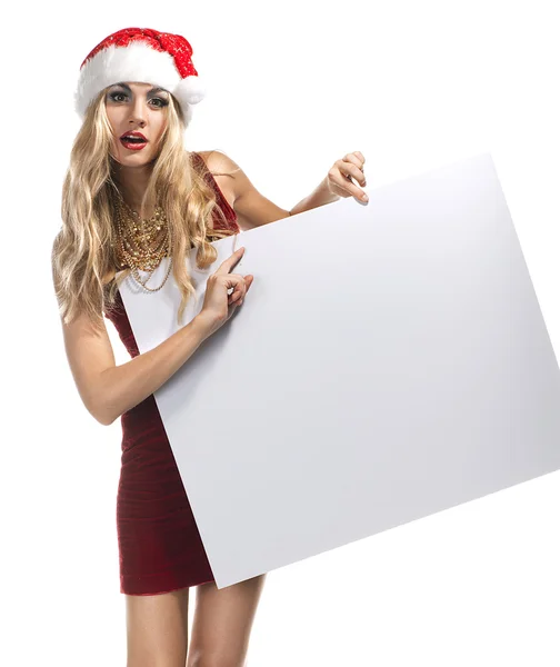 Mujer de Navidad en traje de Santa Claus con tablero vacío en blanco — Foto de Stock