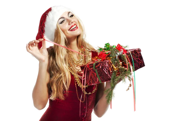 Mujer de Navidad en traje de Santa Claus con tablero vacío en blanco — Foto de Stock