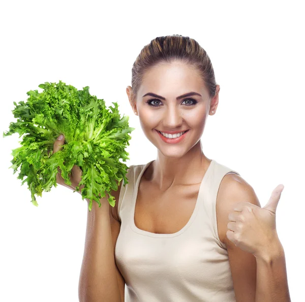 Retrato de cerca de la joven feliz con las hierbas del paquete (salat — Foto de Stock