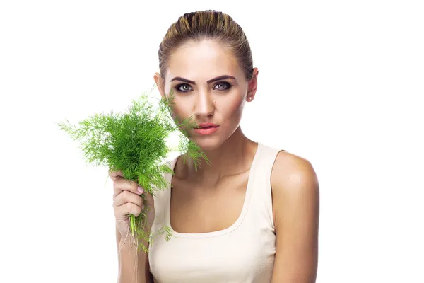 Close-up portrait of happy young woman with bundle herbs (dill) — Stock Photo, Image