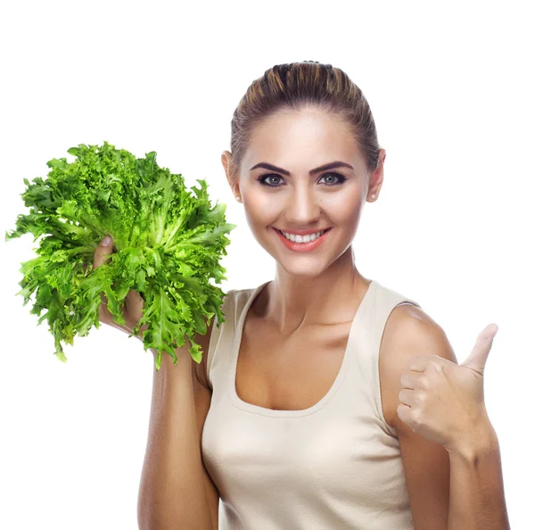 Close-up portrait of happy young woman with bundle herbs (salat Royalty Free Stock Images
