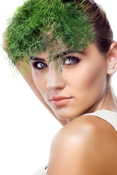 Portrait of happy young woman with bundle herbs (dill) in hands — Stock Photo, Image