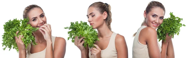 Happy young woman with bundle herbs (salad) in hands on white background — Stock Photo, Image