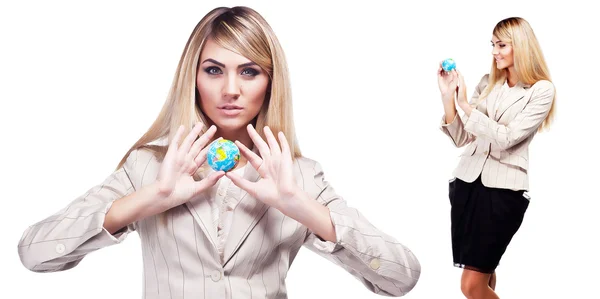 Pretty smiling woman holding a world globe. Business woman — Stock Photo, Image