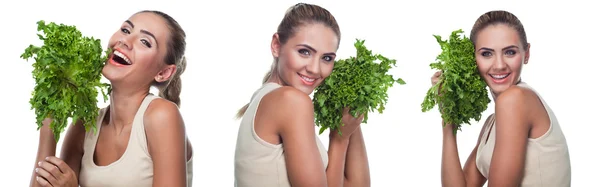 Happy young woman with bundle herbs (salad) in hands on white background — Stock Photo, Image