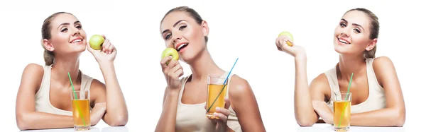 Mujer joven feliz con jugo de manzana sobre fondo blanco —  Fotos de Stock