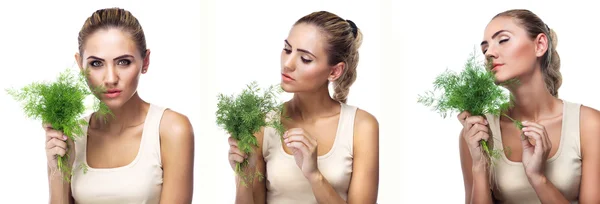 Close-up portrait of happy young woman with bundle herbs (dill)