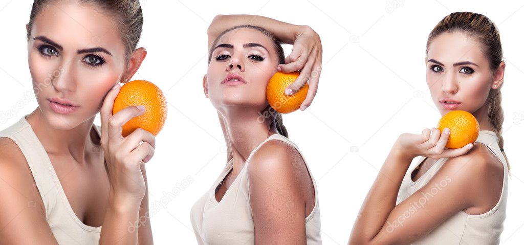 Woman with juice on white background. Concept vegetarian dietin