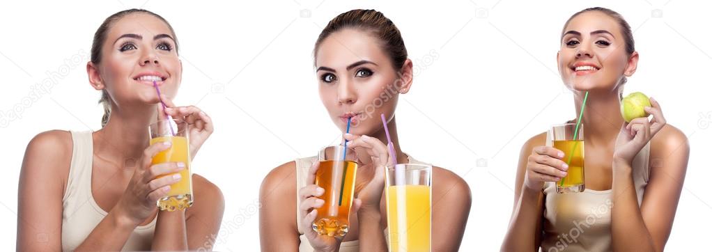 Happy young woman with apple juice on white background