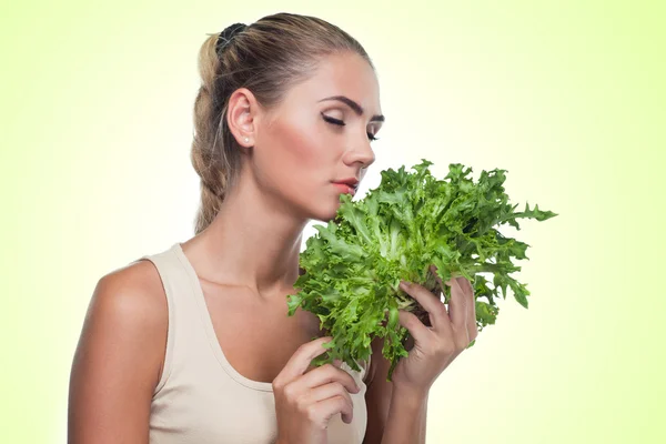 Close-up portrait of happy young woman with bundle herbs (salat — Stock Photo, Image