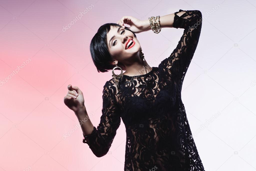 Sexy Fashional Woman in Black Guipure Dress