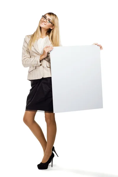 Business woman holding paper blank — Stock Photo, Image