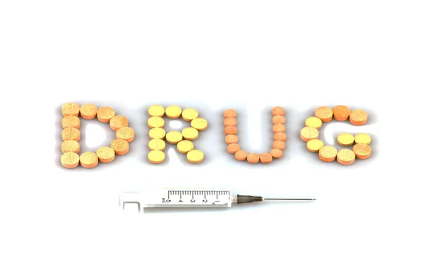 Stříkačka a tablety, drogy — Stock fotografie