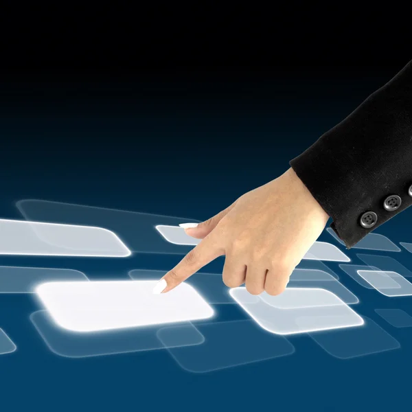 Women hand pushing a button on a touch screen interface — Stock Photo, Image