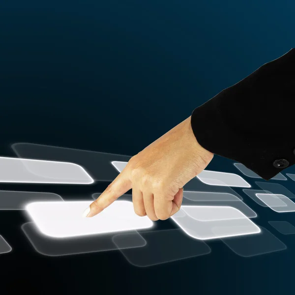 Hand pushing a button on a touch screen interface — Stock Photo, Image