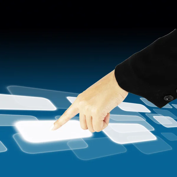 Hand pushing a button on a touch screen interface — Stock Photo, Image