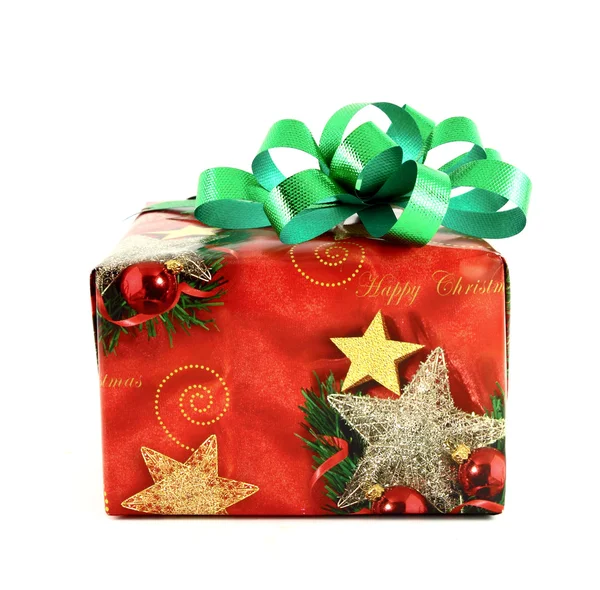 Christmas gift box with green bow isolated on white background — Stock Photo, Image