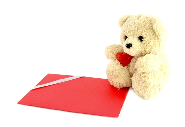 Teddy bear toy with a blank card, isolated on white background — Stock Photo, Image