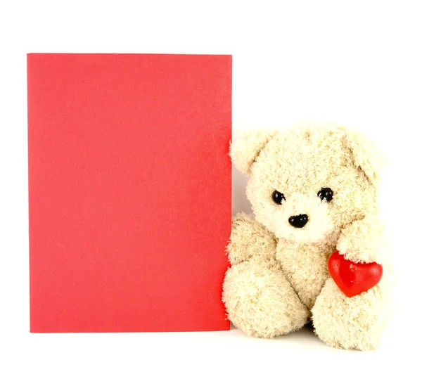 Teddy bear toy with a blank card, isolated on white background — Stock Photo, Image