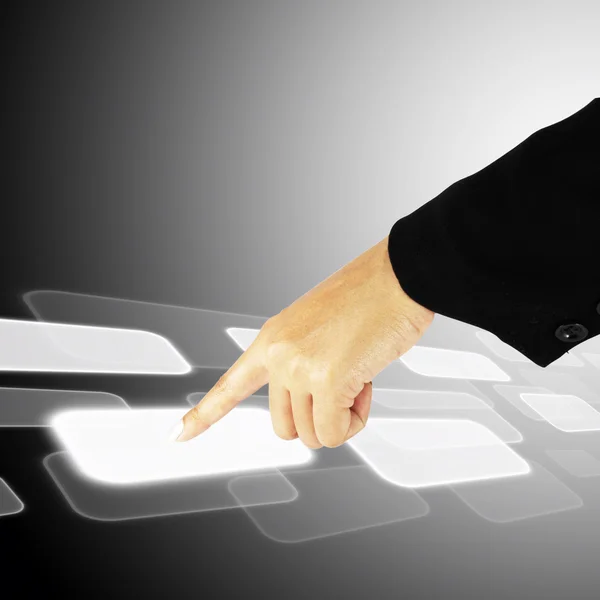 Hand pushing a button on a touch screen interface — Stock Photo, Image