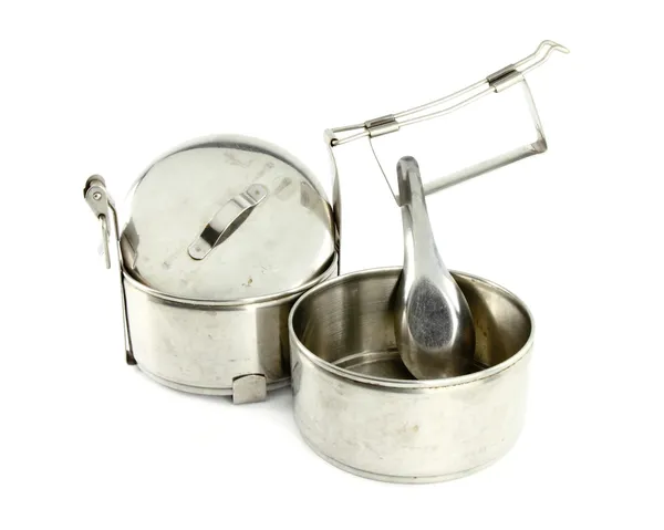 Plata metal Tiffin separado y cuchara, contenedor de alimentos en blanco — Foto de Stock