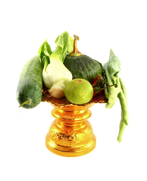 Vegetables mix on golden tray on white background — Stock Photo, Image