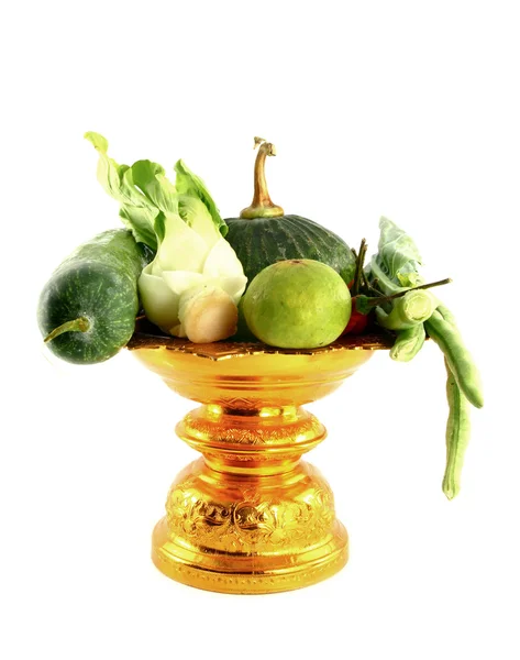 Vegetables mix on golden tray on white background — Stock fotografie