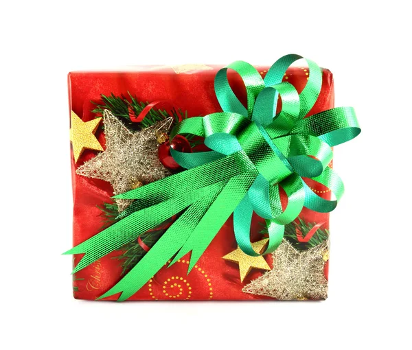 Christmas gift box with green bow isolated on white background — Stock Photo, Image