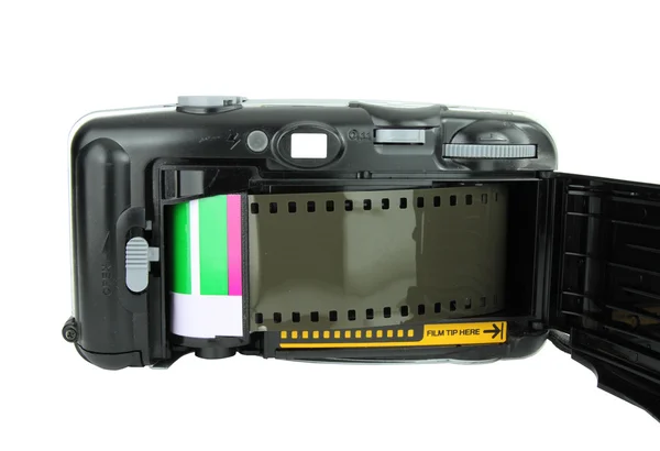 Vista para dentro no corpo aberto da câmera de filme isolado em branco — Fotografia de Stock