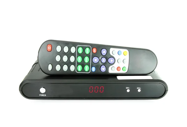 Remote and receiver for satellite TV on white — Stock Photo, Image