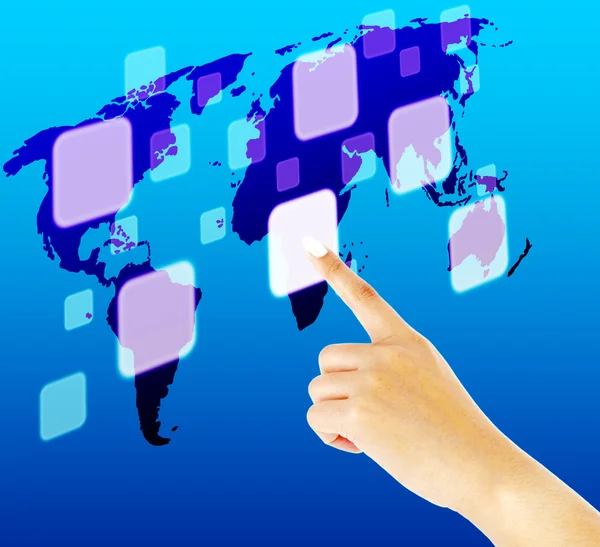 Finger pushing button on a touch screen interface with world map — Stock Photo, Image