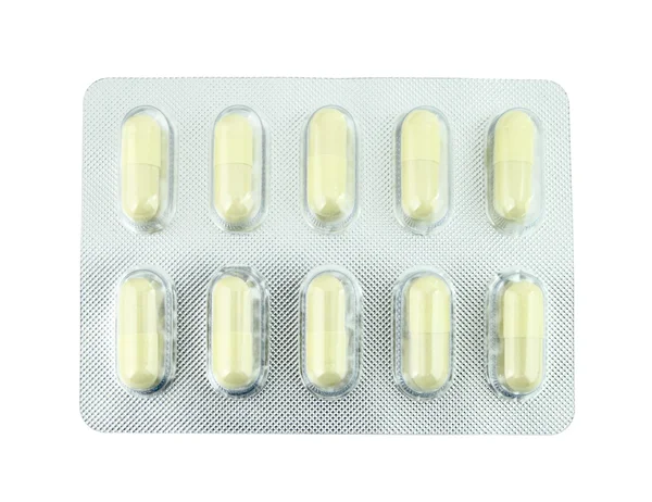 Pílulas embalar em branco — Fotografia de Stock