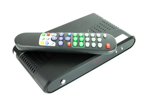 Remote dan receiver untuk satelit TV on white — Stok Foto