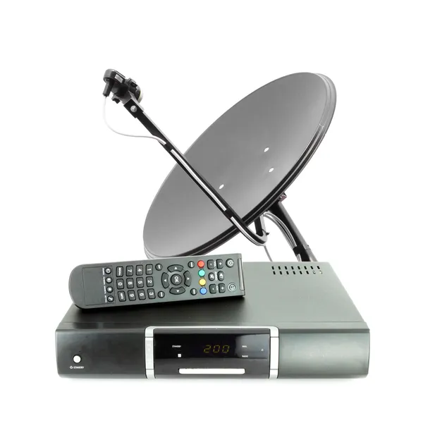 Set of receive box remote and dish antenna — Stock Photo, Image