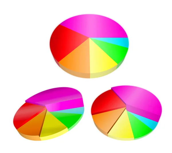 Three 3d pie graph with different colored segments — Stock Photo, Image