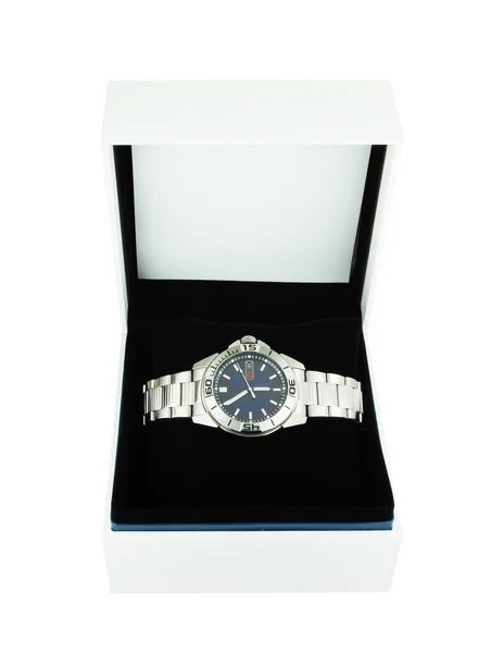 Białe pudełko z luksusowe zegarki — Zdjęcie stockowe