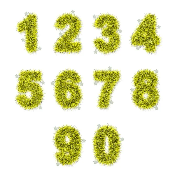 Gelbe Lametta-Ziffern mit Stern auf weißem Grund — Stockfoto
