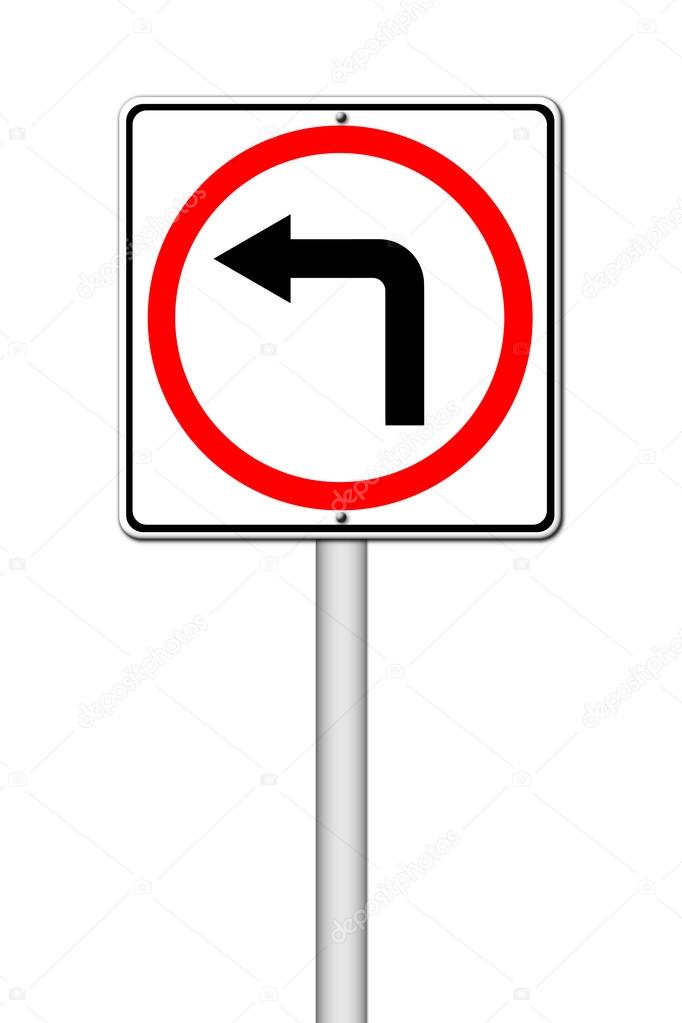 Left turn road sign on white background