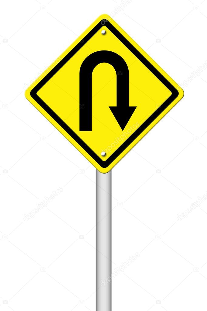 Yellow warning sign u-turn roadsign