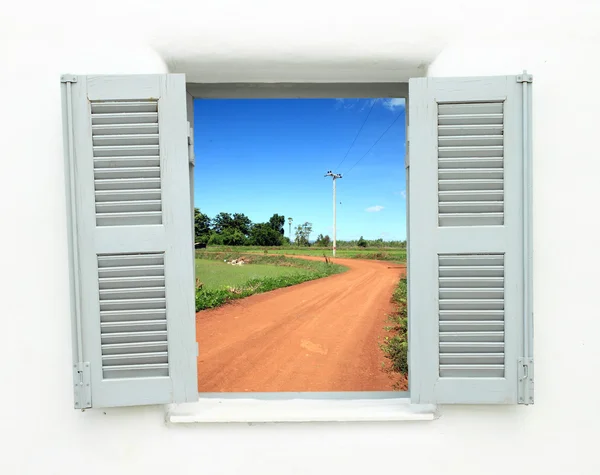 Greek Style windows with soil curve road — Stock Photo, Image