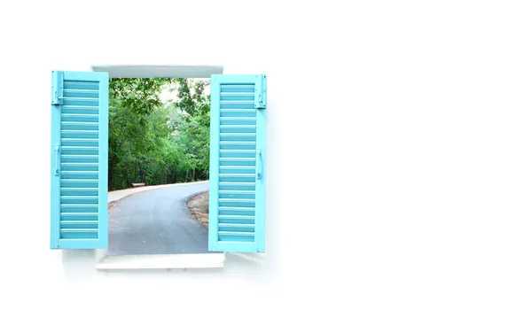 Greek Style windows with curve road view — Stock Photo, Image