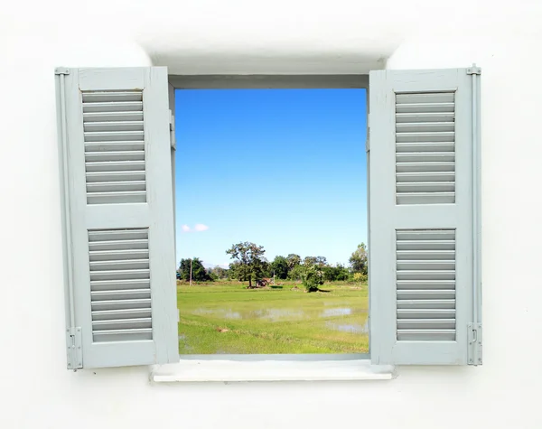 Greek Style windows with country filed — Stock Photo, Image