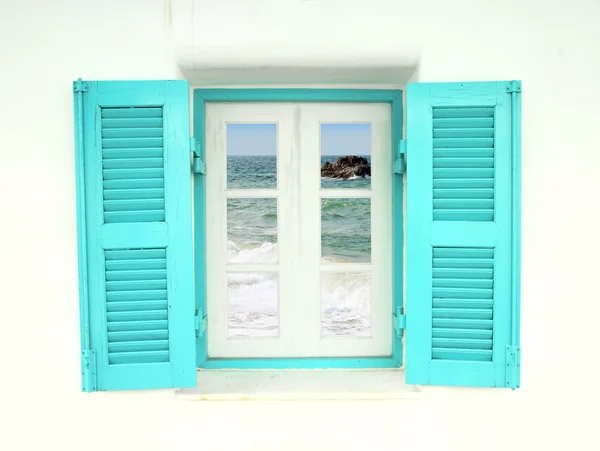 Greek style window with sea view — Stock Photo, Image