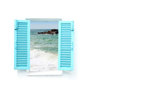 Greek style window with sea view — Stock Photo, Image
