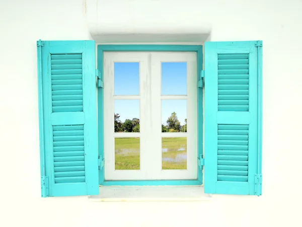 Greek style windows with country field — Stock Photo, Image