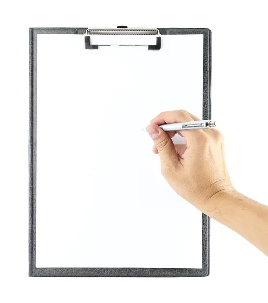 Hand with pen writing on clipboard — Stock Photo, Image