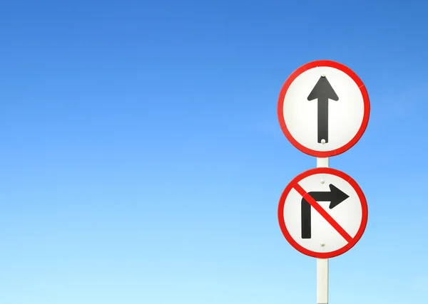 Go ahead the way, forward sign and don 't turn right sign — стоковое фото