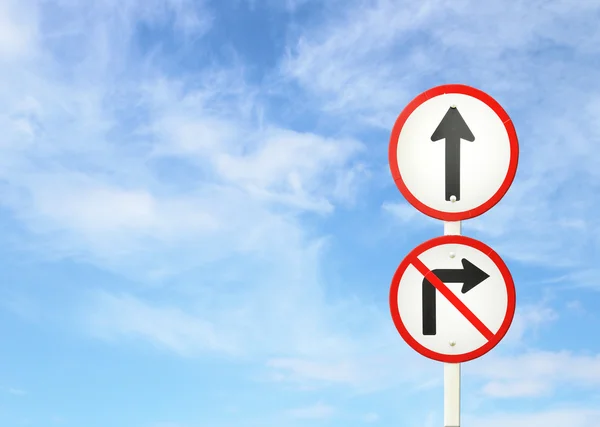 Go ahead the way ,forward sign and don't turn right sign — Stock Photo, Image