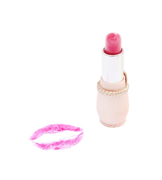 Rossetto rosa con un bacio su bianco — Foto Stock