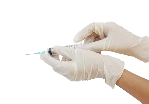 Hand holding syringe isolated on white background — Stock Photo, Image